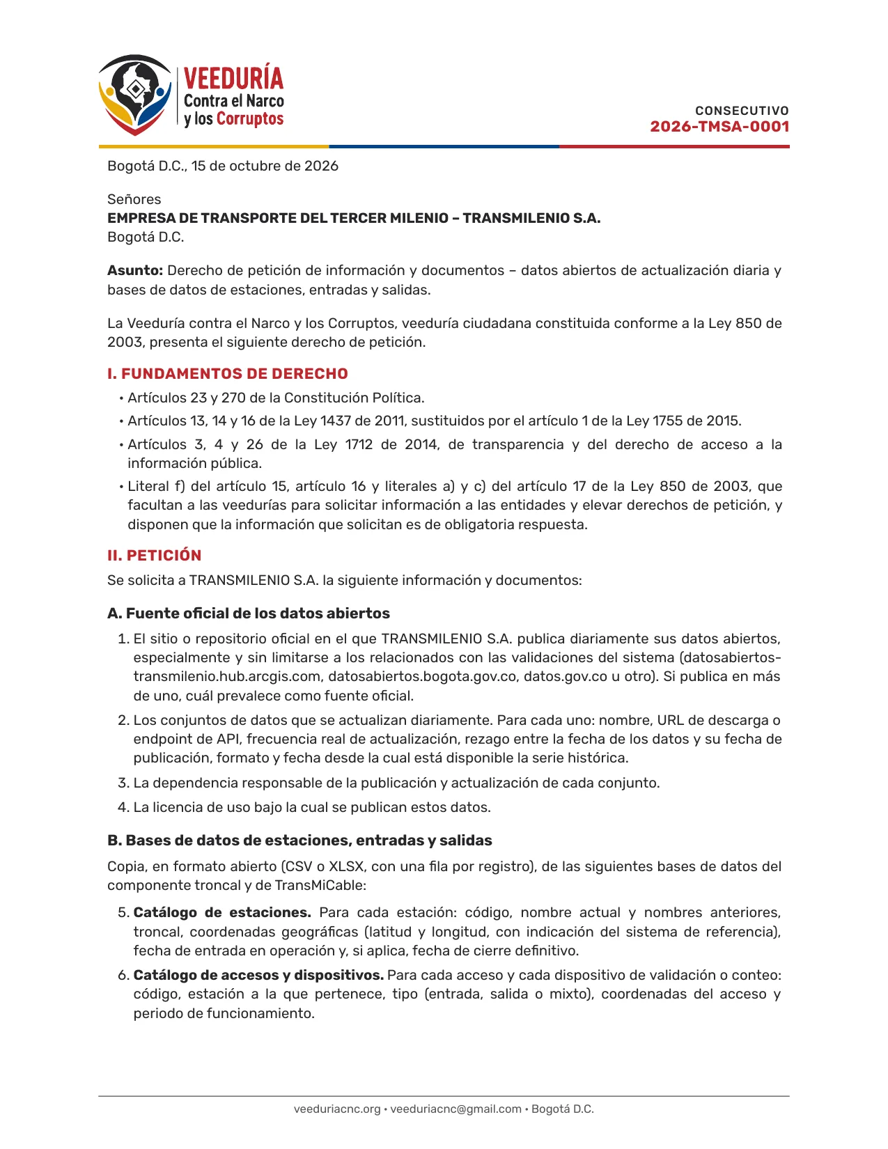 Página 1 de 2 del derecho de petición 2026-TMSA-0001 dirigido a Empresa de Transporte del Tercer Milenio – TransMilenio S.A.