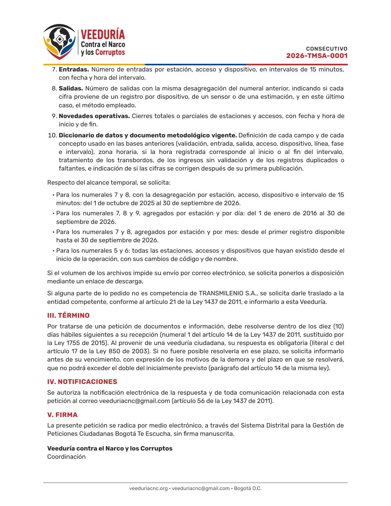 Página 2 de 2 del derecho de petición 2026-TMSA-0001 dirigido a Empresa de Transporte del Tercer Milenio – TransMilenio S.A.